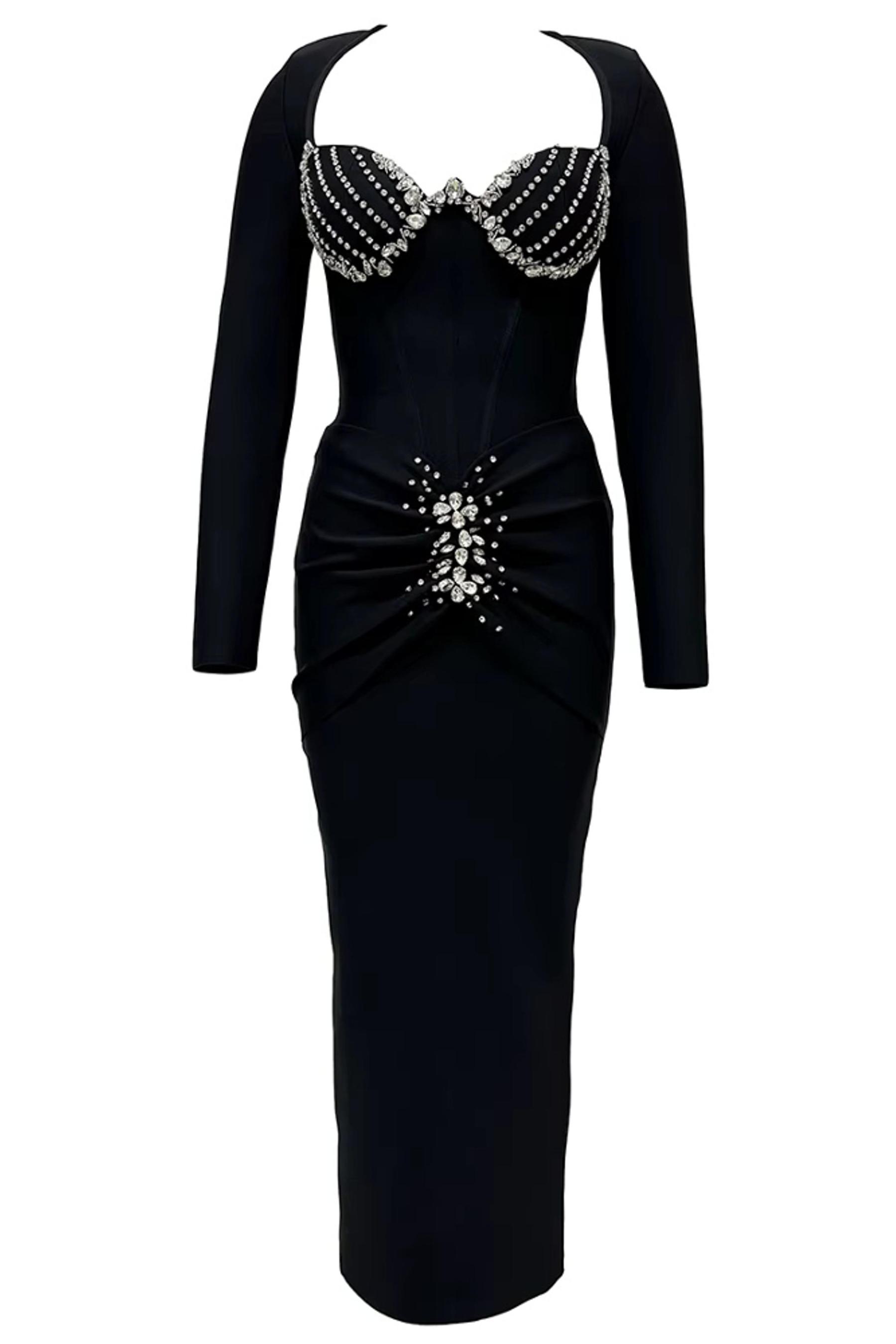 Rhinestone Bandage Long Sleeve Maxi Dress