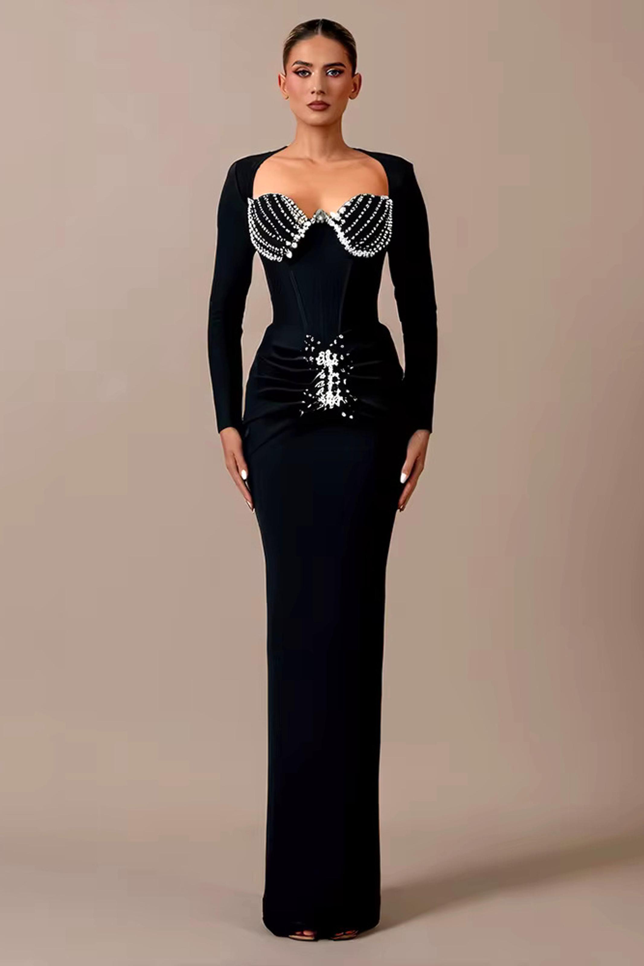 Rhinestone Bandage Long Sleeve Maxi Dress