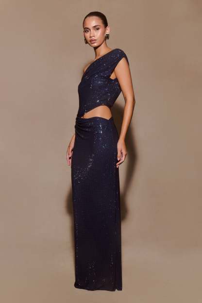 Rhinestone One Shoulder Cut Out Maxi Dress
