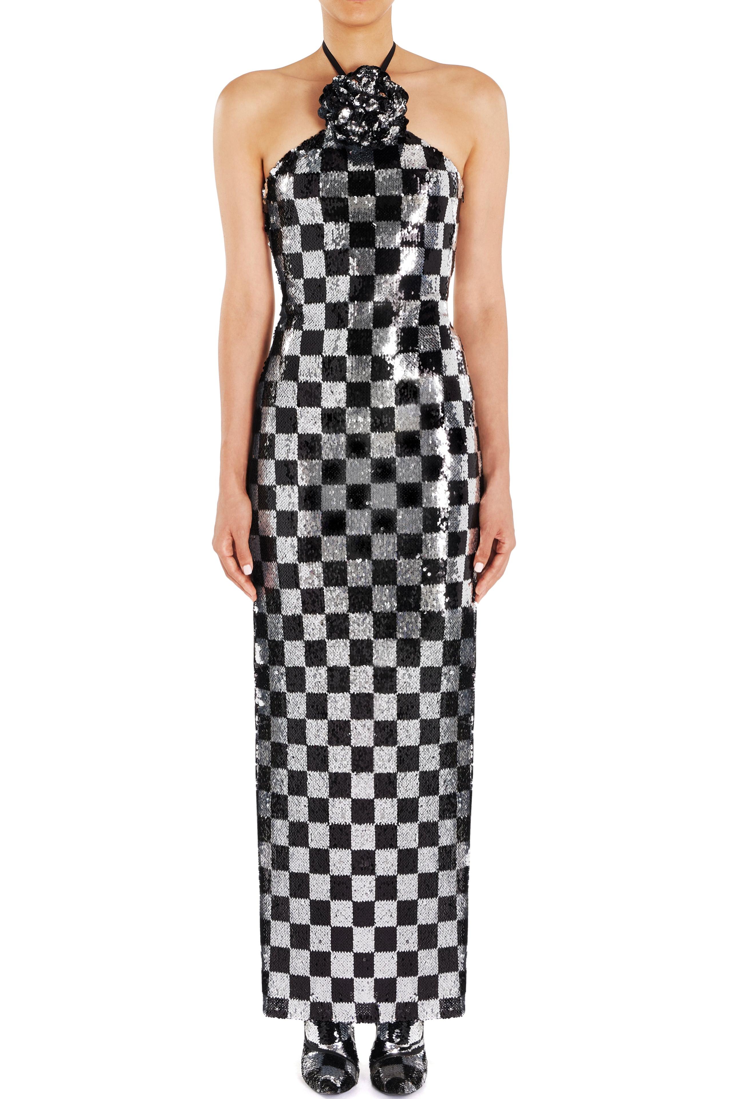 3D Flower Checks Sequin Halter Neck Maxi Dress With Gloves