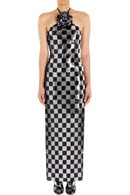 3D Flower Checks Sequin Halter Neck Maxi Dress With Gloves