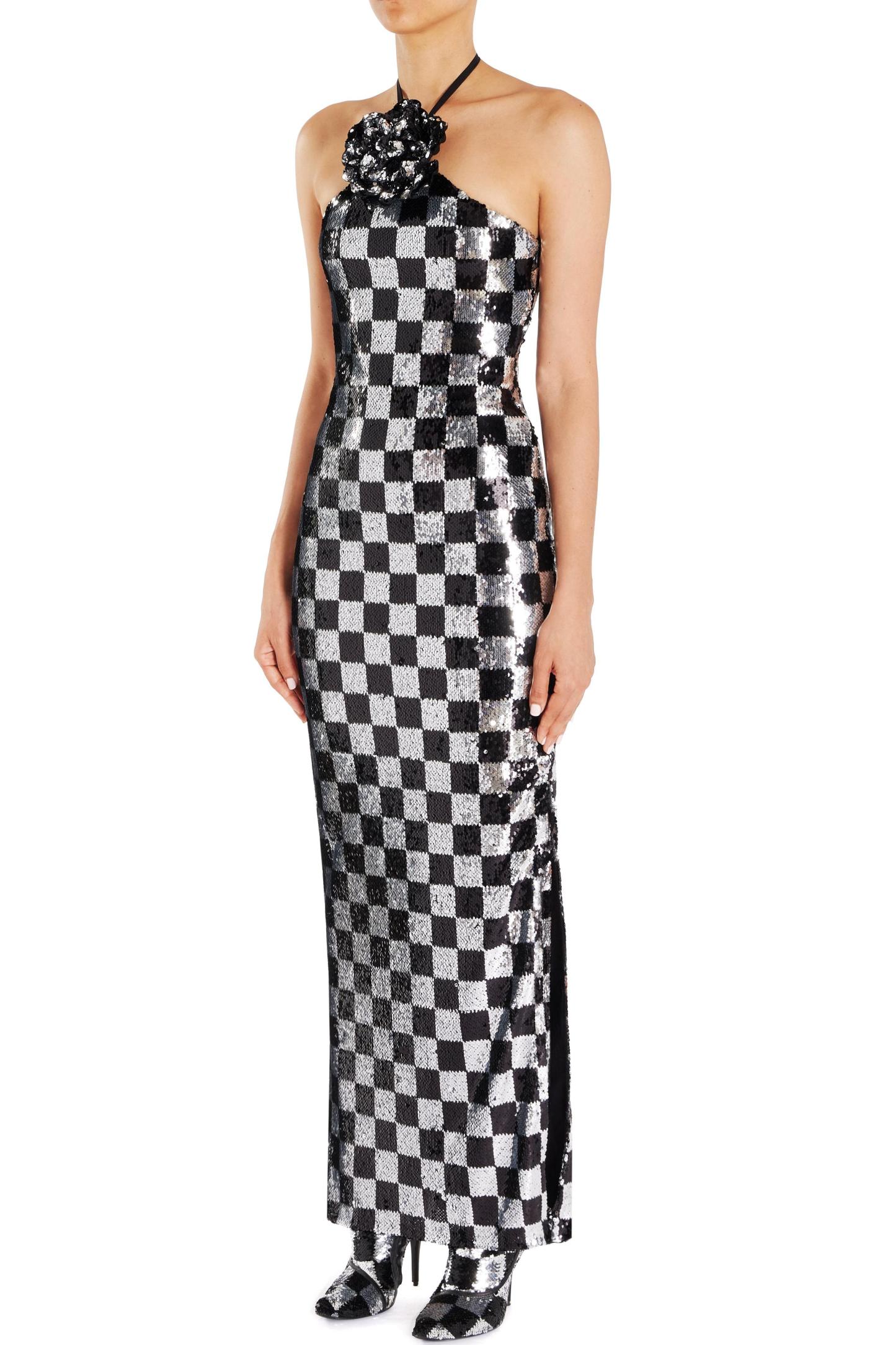 3D Flower Checks Sequin Halter Neck Maxi Dress With Gloves