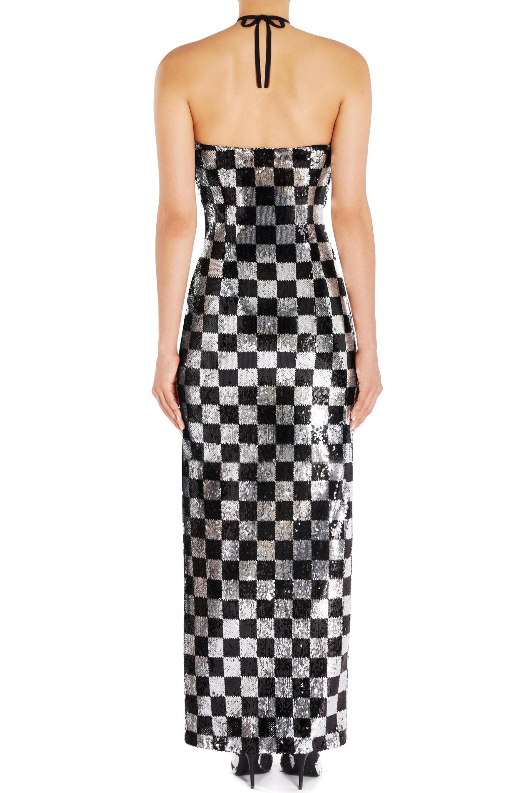 3D Flower Checks Sequin Halter Neck Maxi Dress With Gloves