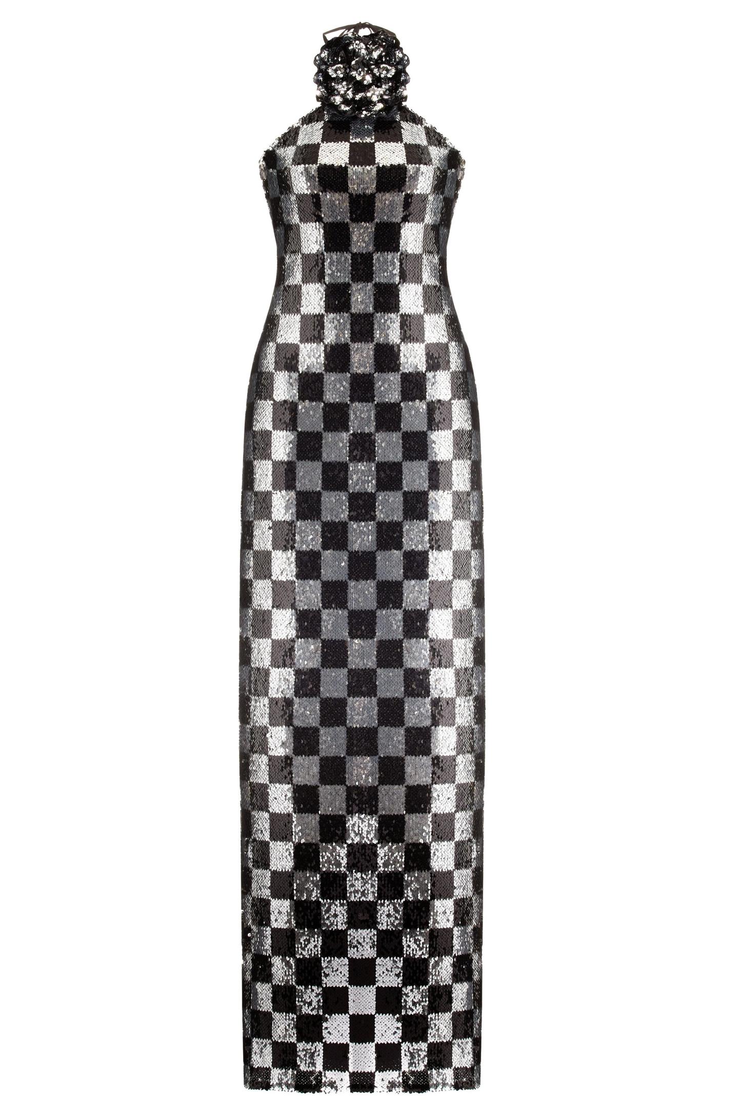 3D Flower Checks Sequin Halter Neck Maxi Dress With Gloves
