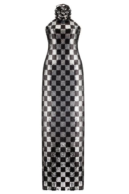 3D Flower Checks Sequin Halter Neck Maxi Dress With Gloves