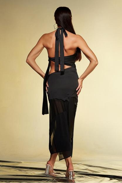 Satin Splicing Mesh Cut Out Midi Dress