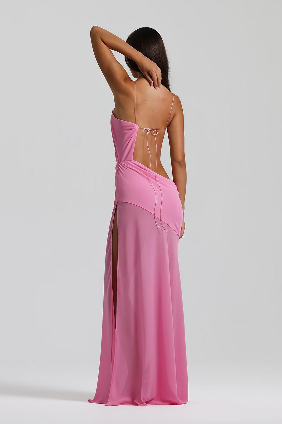 Solid Mesh Backless Lace Up Maxi Dress
