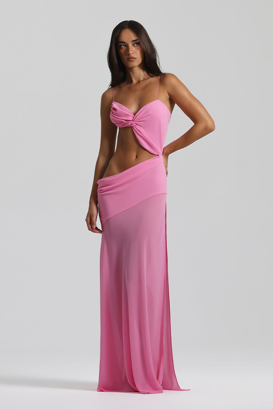 Solid Mesh Backless Lace Up Maxi Dress