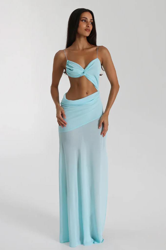 Solid Mesh Backless Lace Up Maxi Dress