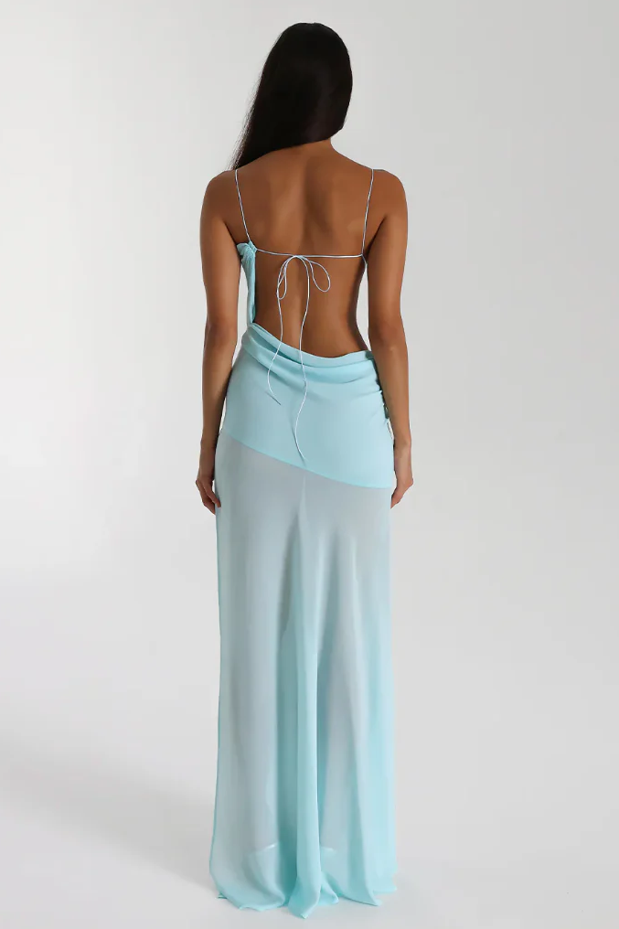Solid Mesh Backless Lace Up Maxi Dress