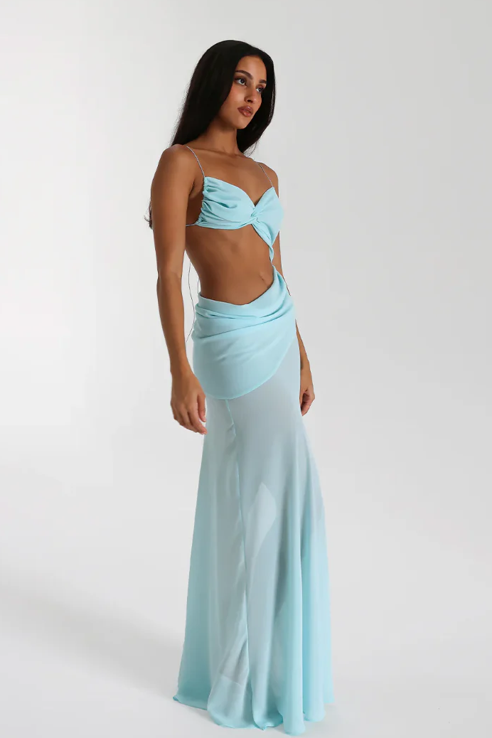 Solid Mesh Backless Lace Up Maxi Dress