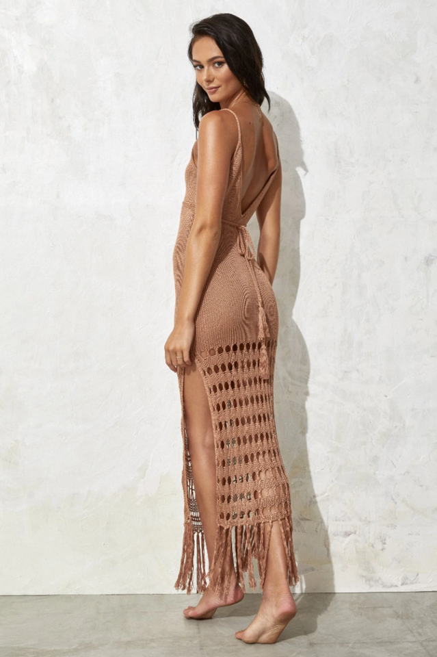 Crochet Lace Up Tassel Maxi Dress