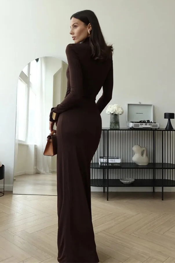 Solid High Neck Long Sleeve Maxi Dress
