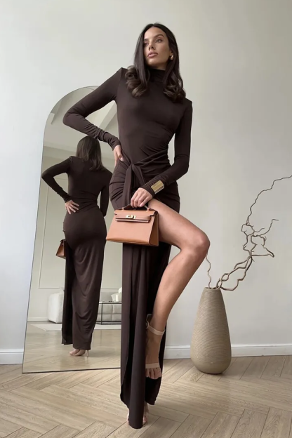 Solid High Neck Long Sleeve Maxi Dress