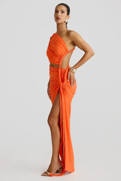 One-Shoulder Cut Out Shirring Maxi Dress