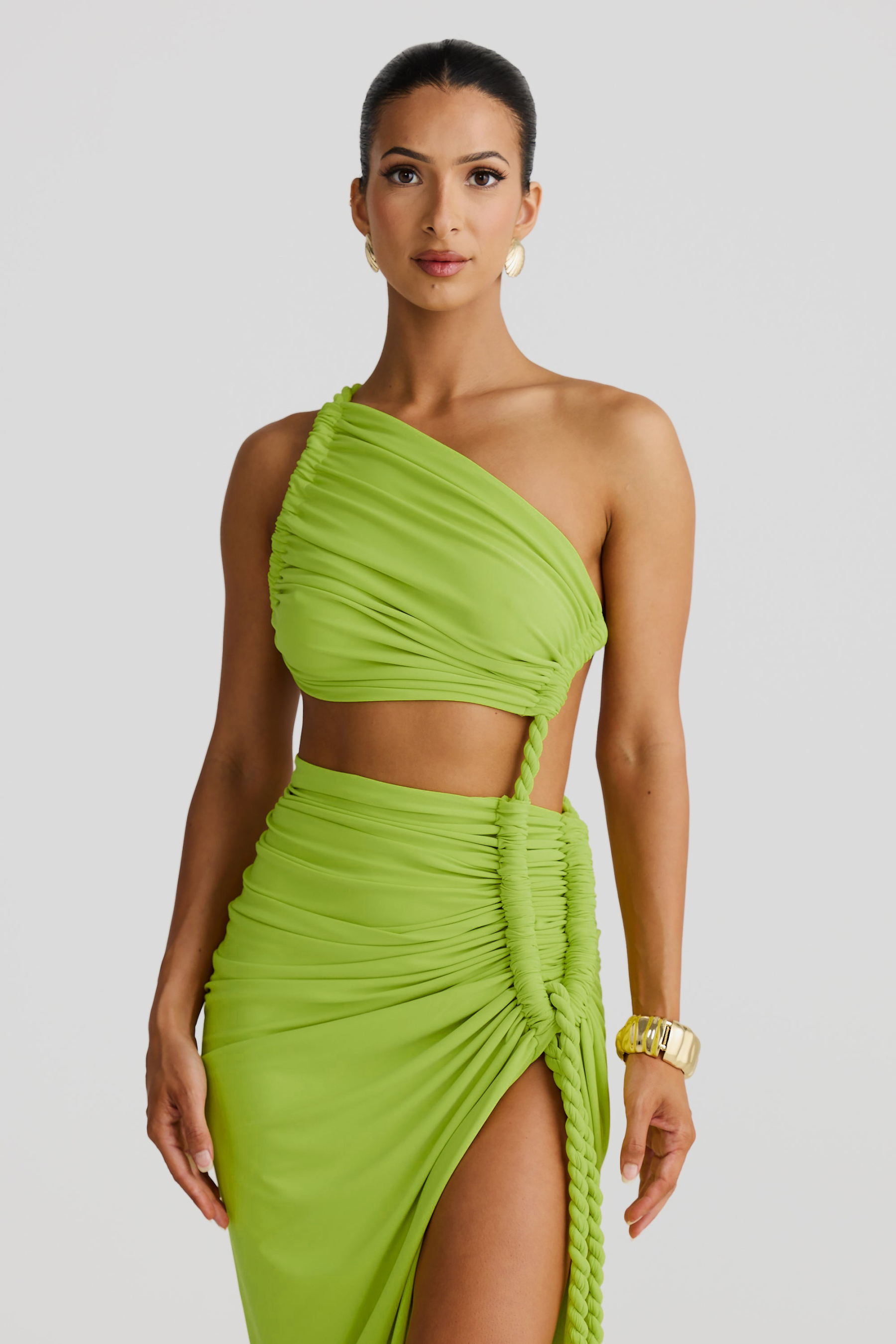 One Shoulder Cut Out Shirring Maxi Dress