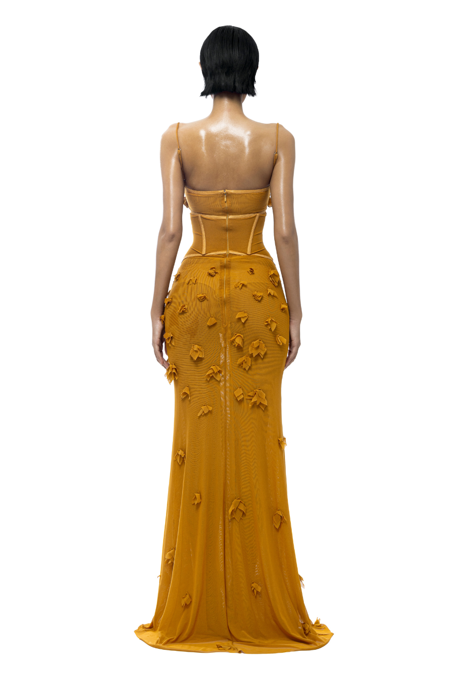 Solid Mesh Lace Up Corset Maxi Dress