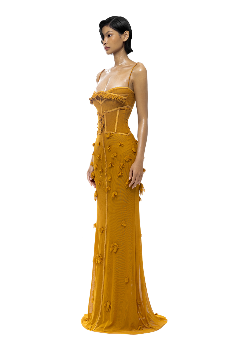 Solid Mesh Lace Up Corset Maxi Dress