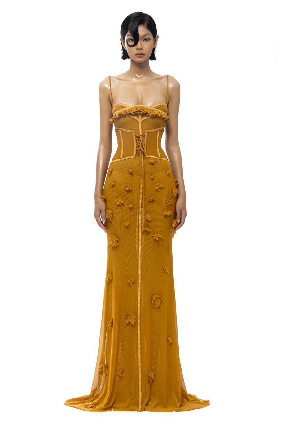 Solid Mesh Lace Up Corset Maxi Dress