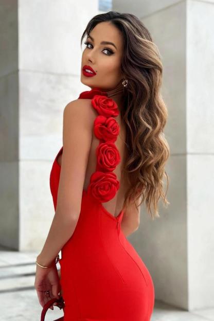 3D Flower Halter Neck Split Midi Dress