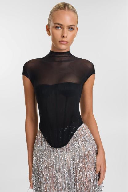 Mesh Corset Top & Sequin Maxi  Skirt Set