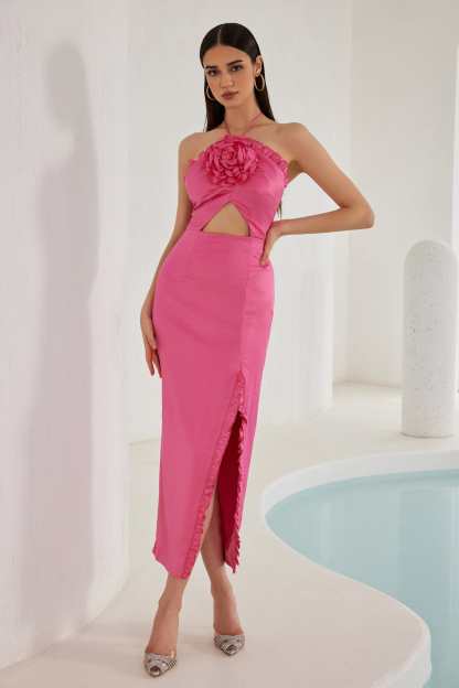 3D Flower Frill Halter Neck Midi Dress