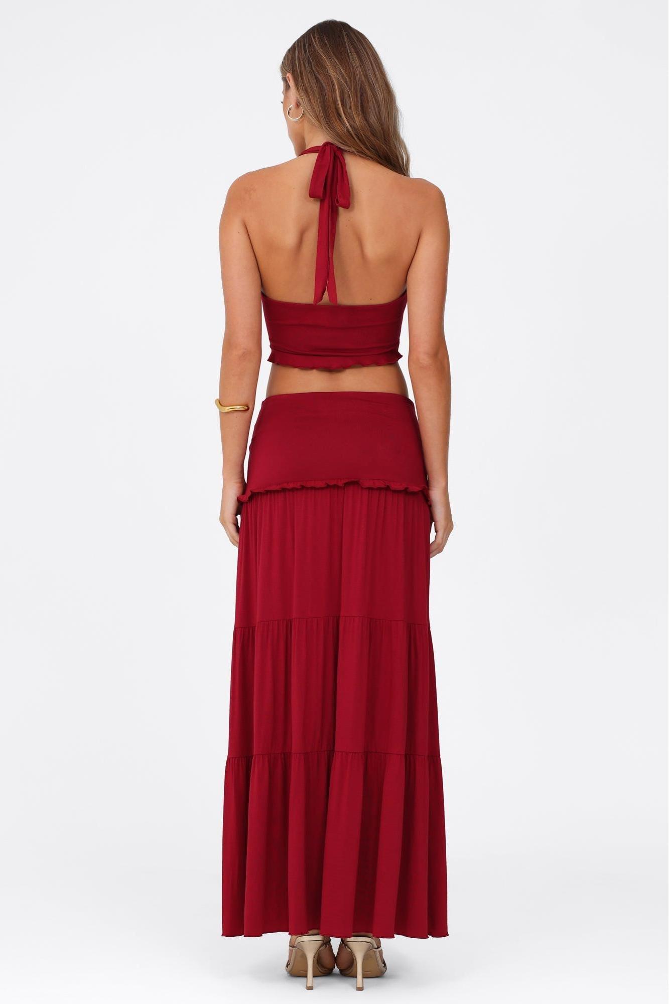 Knotted Frill Halter Neck Top & Mid Waist Maxi Skirt Set