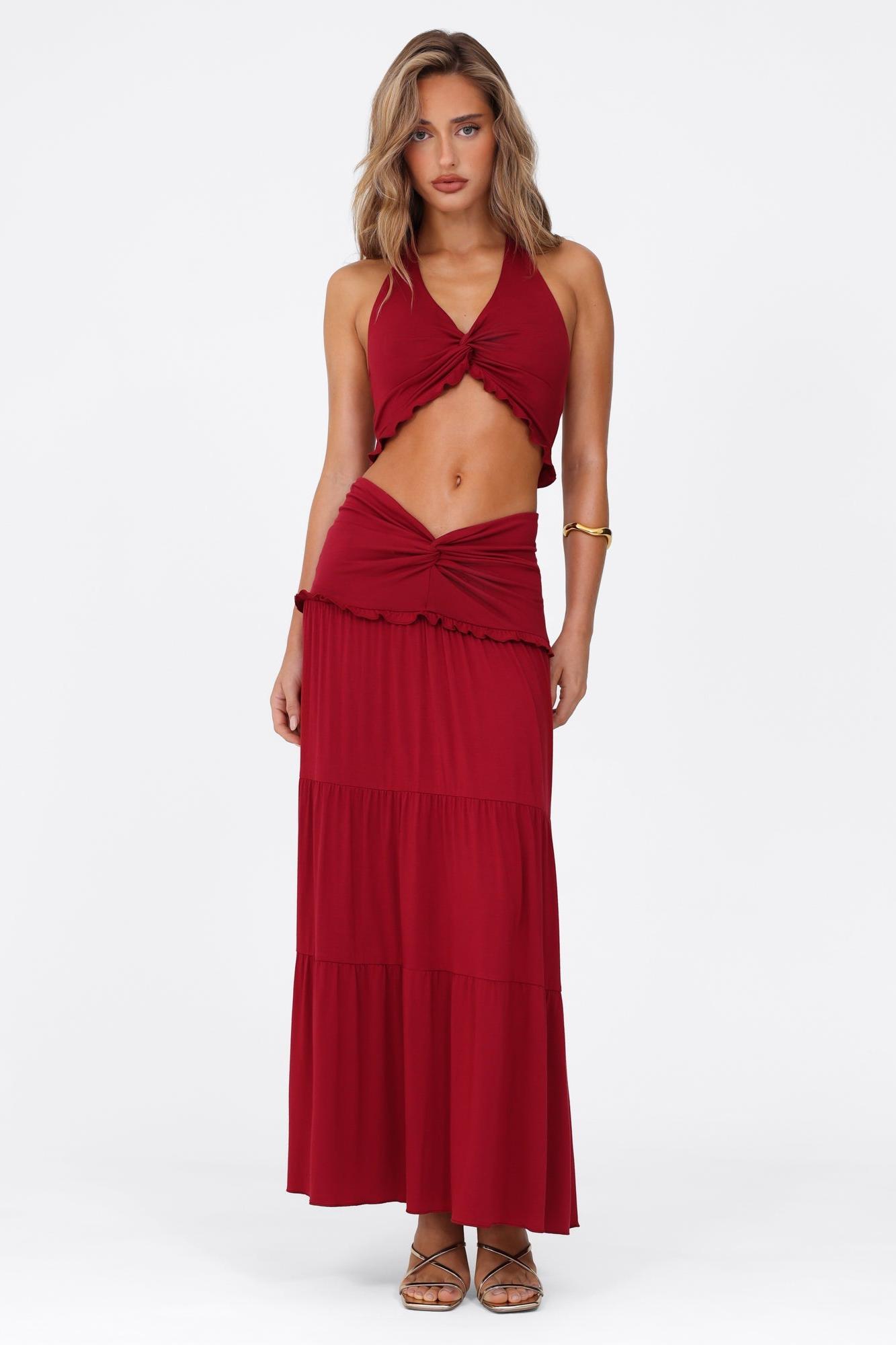 Knotted Frill Halter Neck Top & Mid Waist Maxi Skirt Set