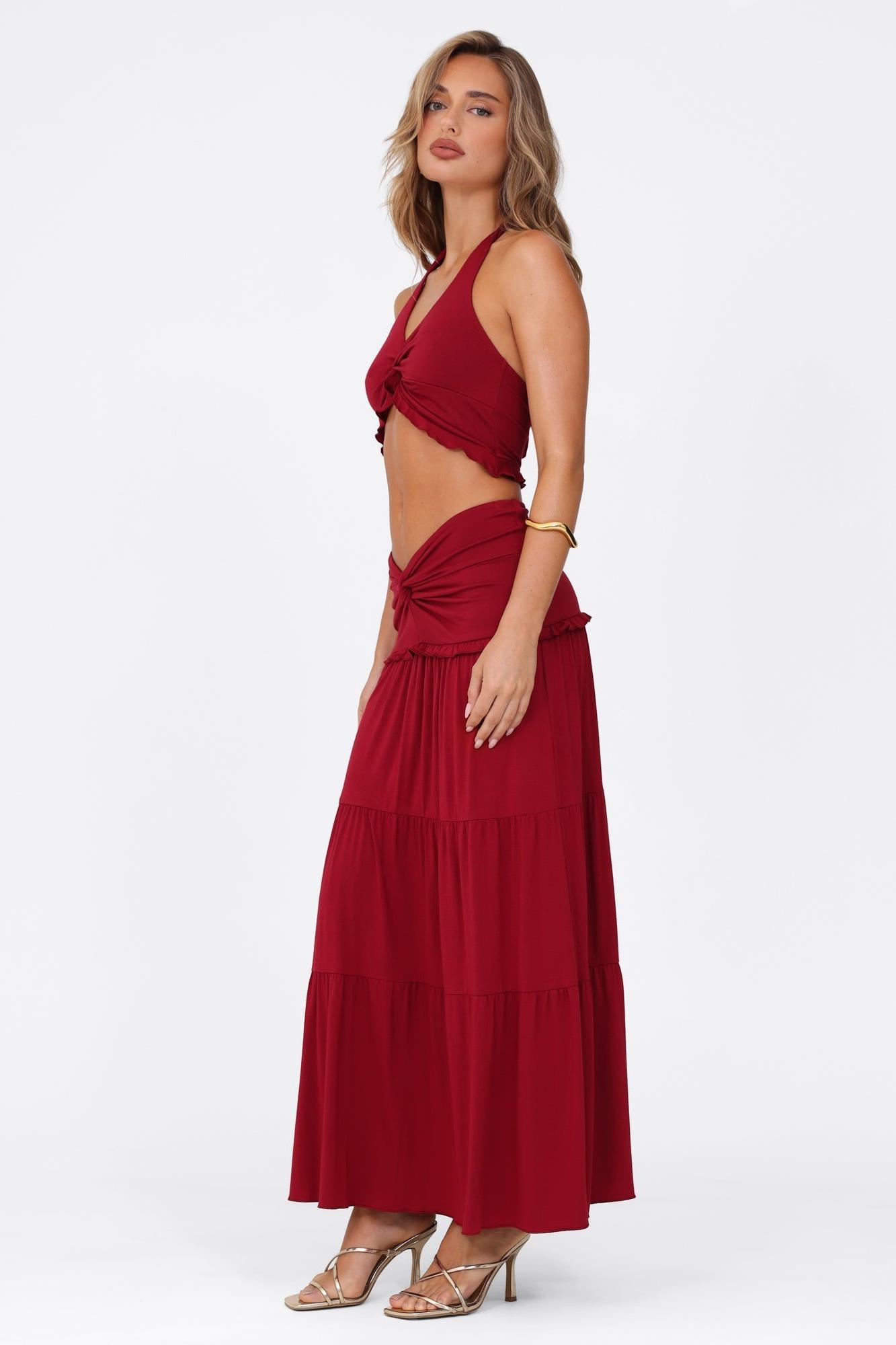 Knotted Frill Halter Neck Top & Mid Waist Maxi Skirt Set
