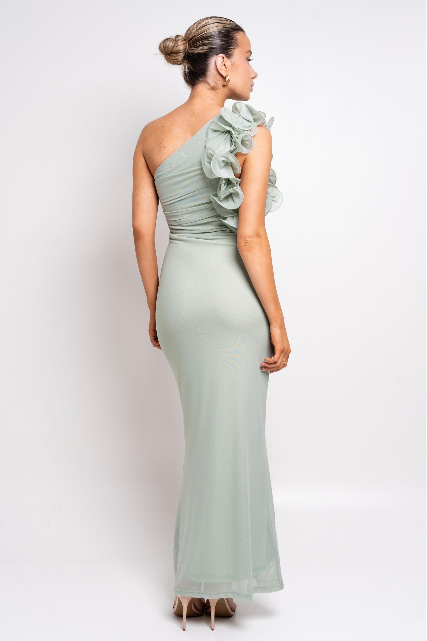 Solid 3D Flower Skew Collar Midi Dress