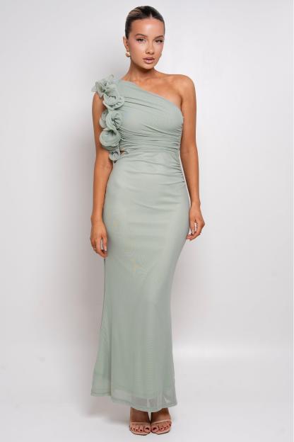 Solid 3D Flower Skew Collar Midi Dress