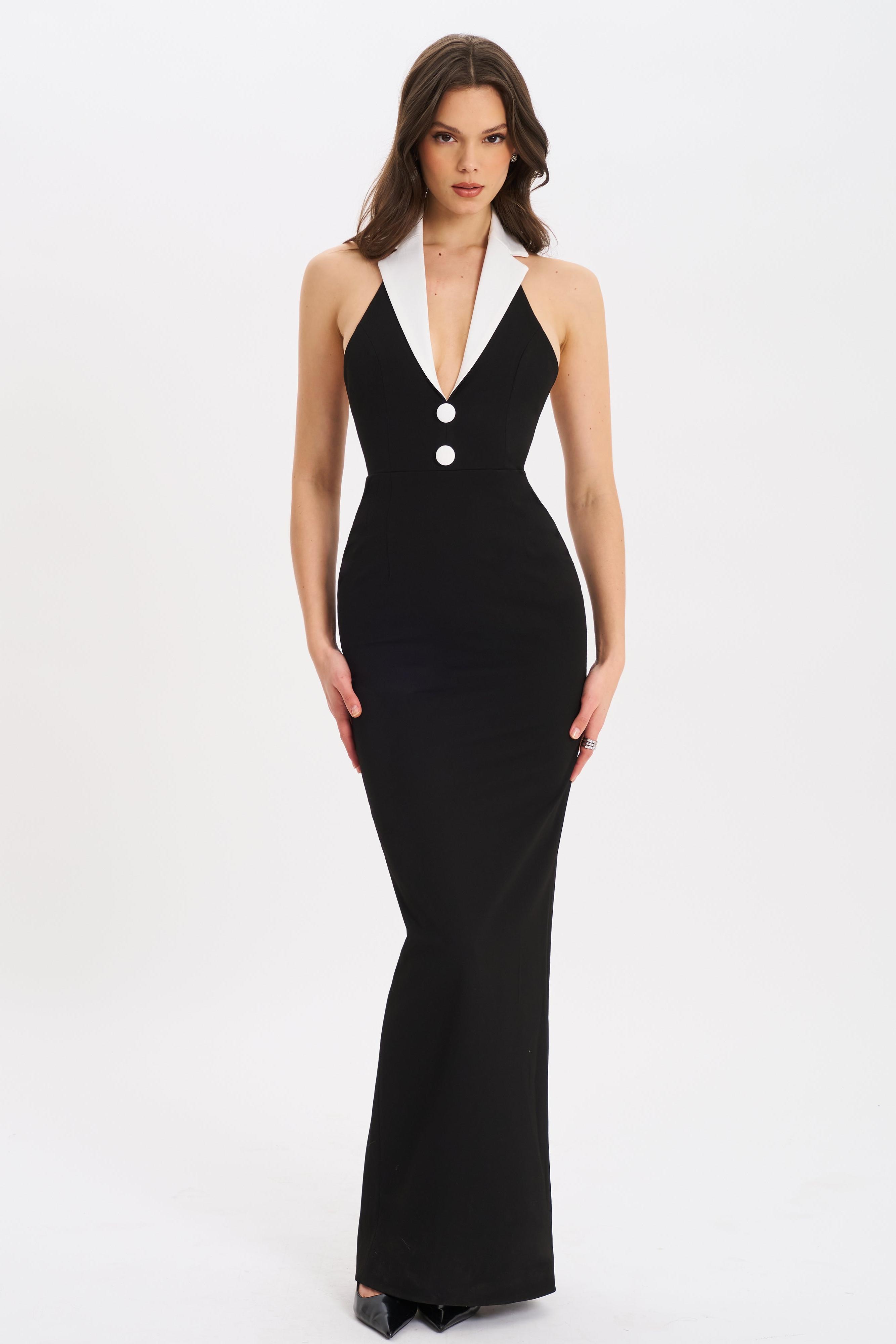 Contrast Color Flapped Split Maxi Dress