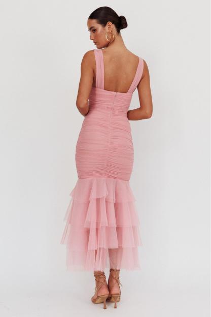 Ruched Splicing Ruffle Midi Dress