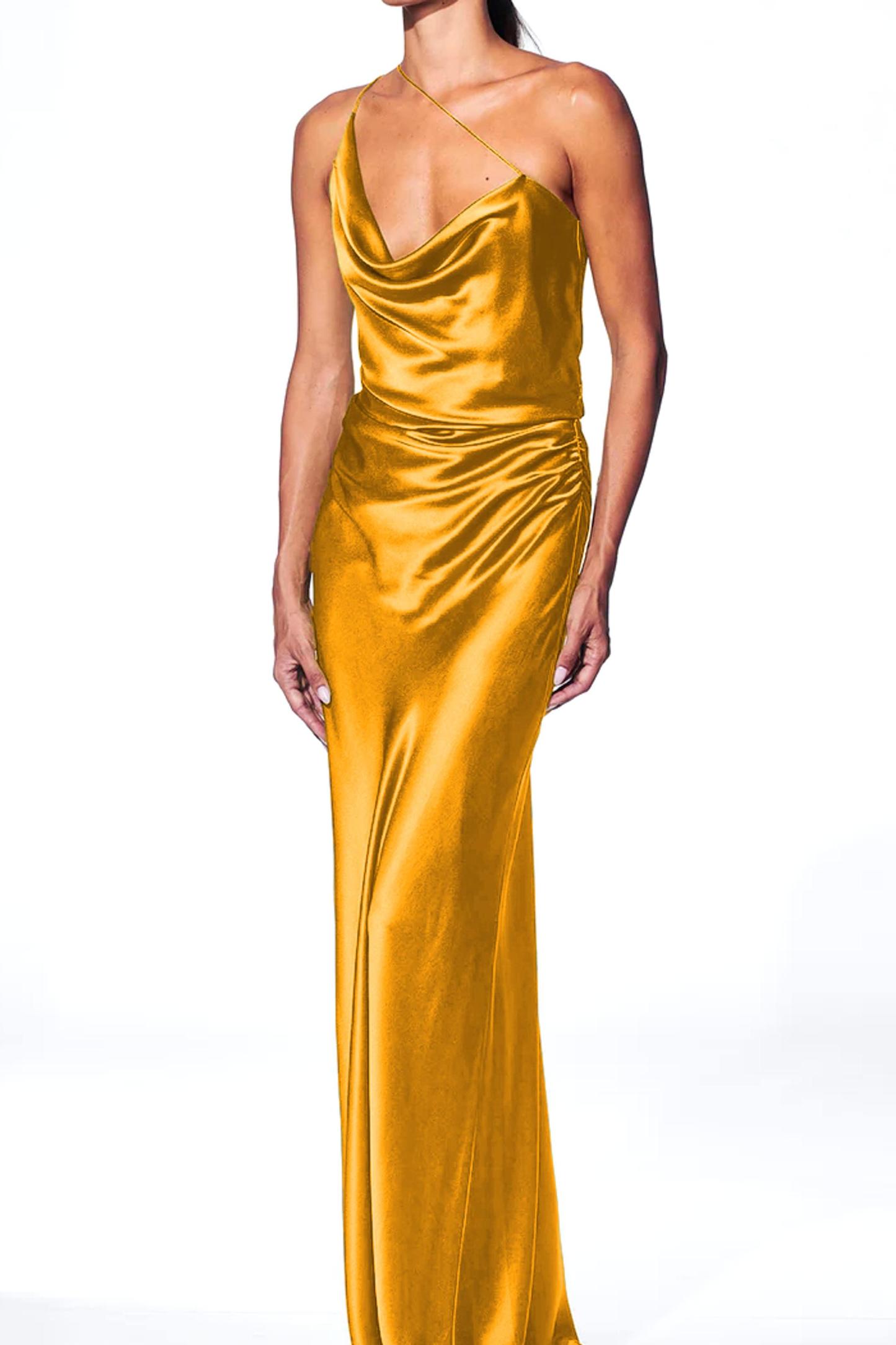 Satin One Shoulder Swing Collar Maxi Dress