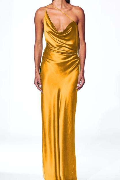 Satin One Shoulder Swing Collar Maxi Dress