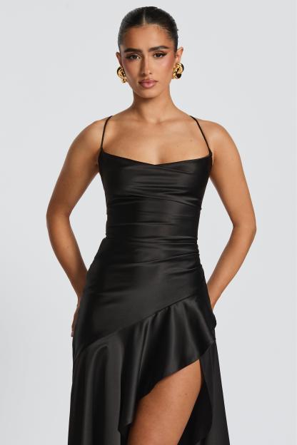 Solid Satin Ruffle Maxi Dress