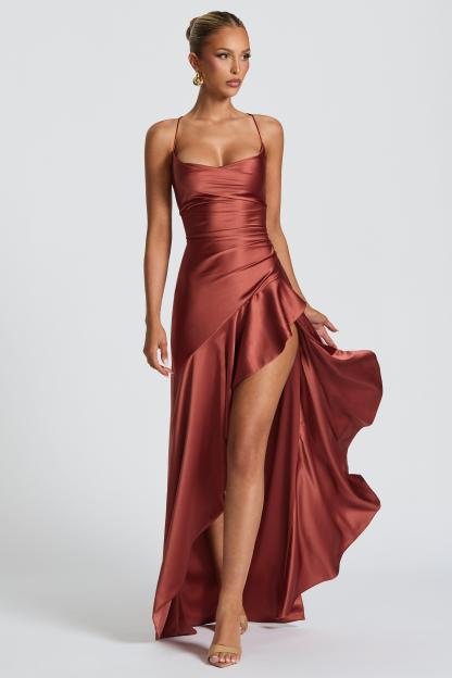 Solid Satin Ruffle Maxi Dress