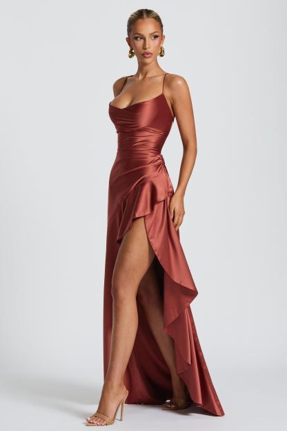 Solid Satin Ruffle Maxi Dress