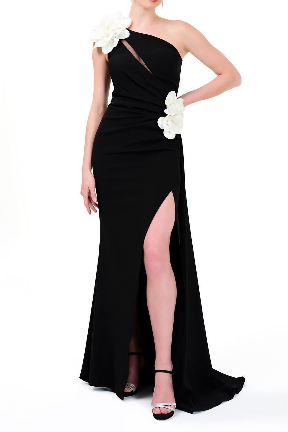 3D-Flower One Shoulder Split Maxi Dress