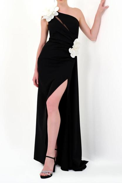 3D-Flower One Shoulder Split Maxi Dress