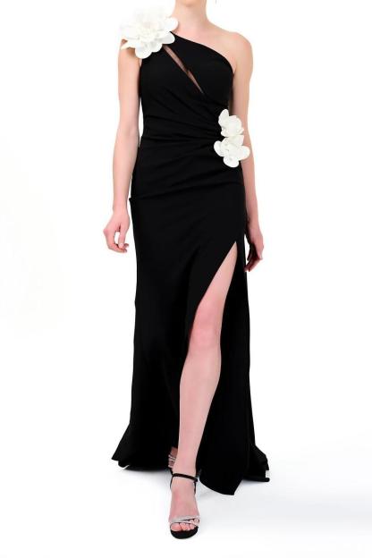3D-Flower One Shoulder Split Maxi Dress
