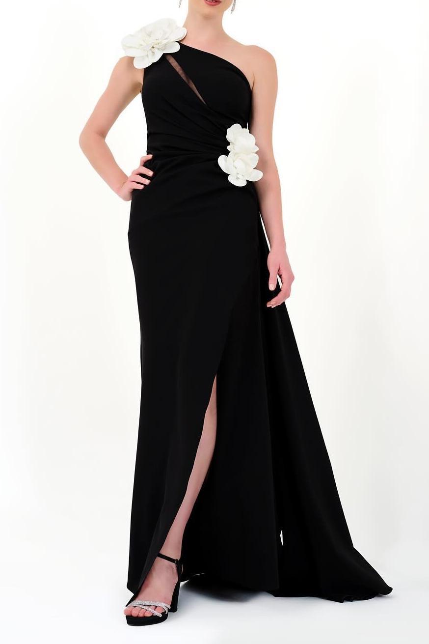 3D-Flower One Shoulder Split Maxi Dress