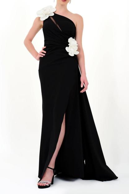 3D-Flower One Shoulder Split Maxi Dress