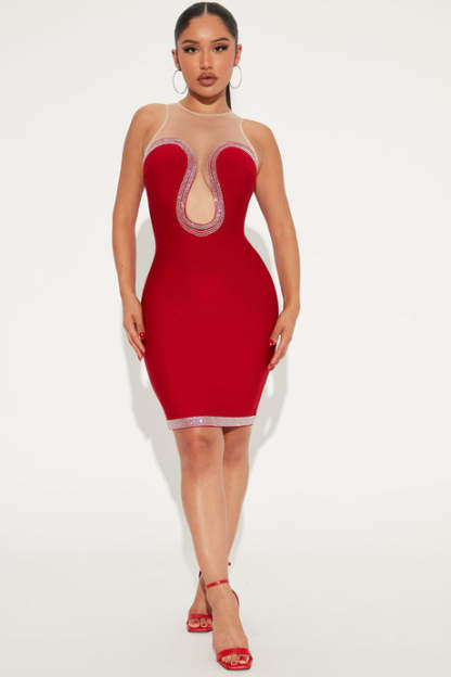 Rhinestone Sleeveless See-Through Mini Dress