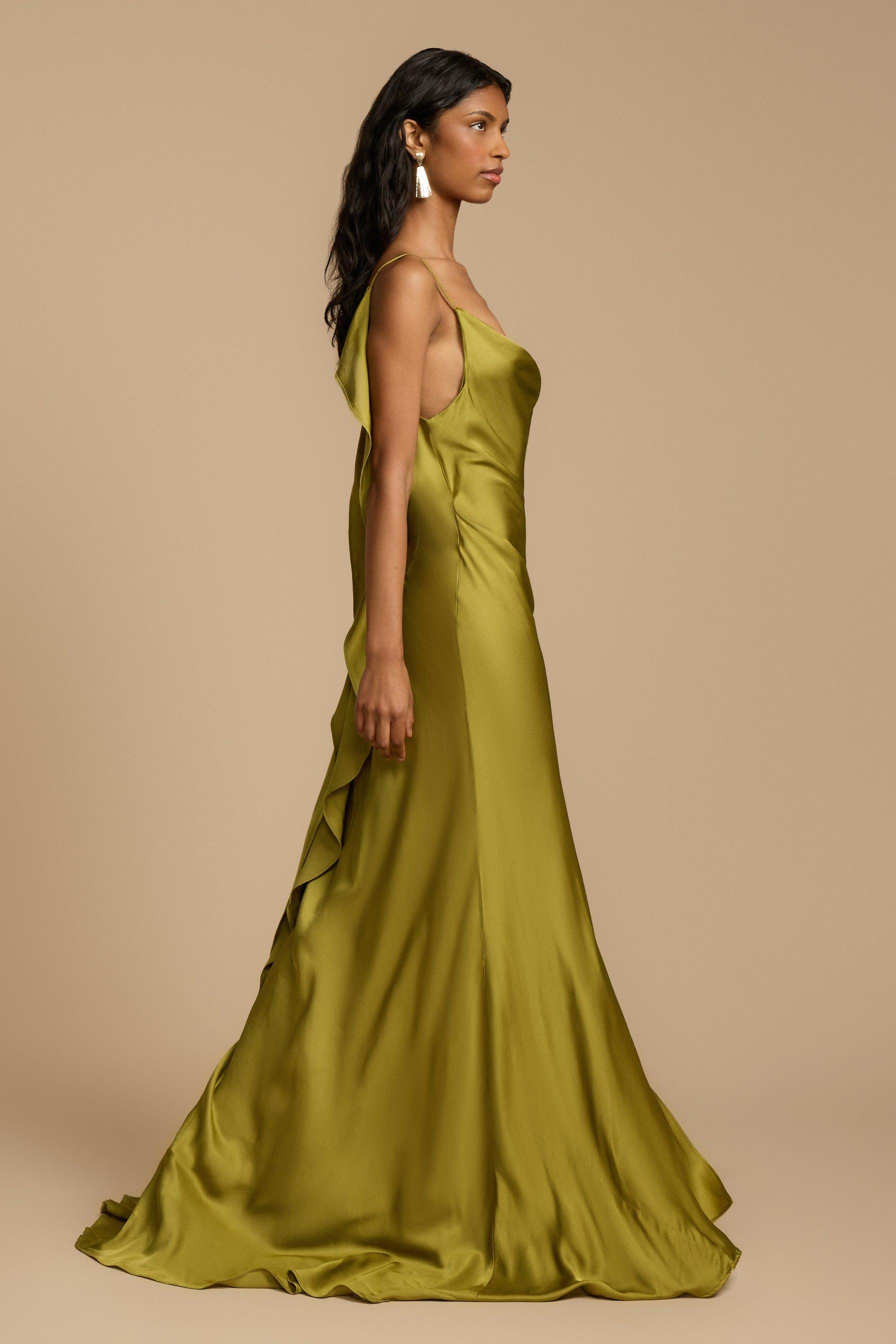 Solid Satin Backless Frill Maxi Dress