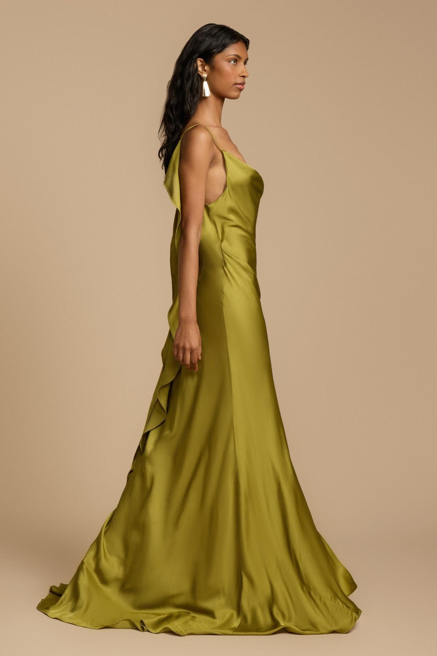 Solid Satin Backless Frill Maxi Dress