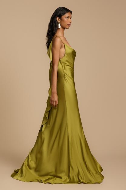 Solid Satin Backless Frill Maxi Dress