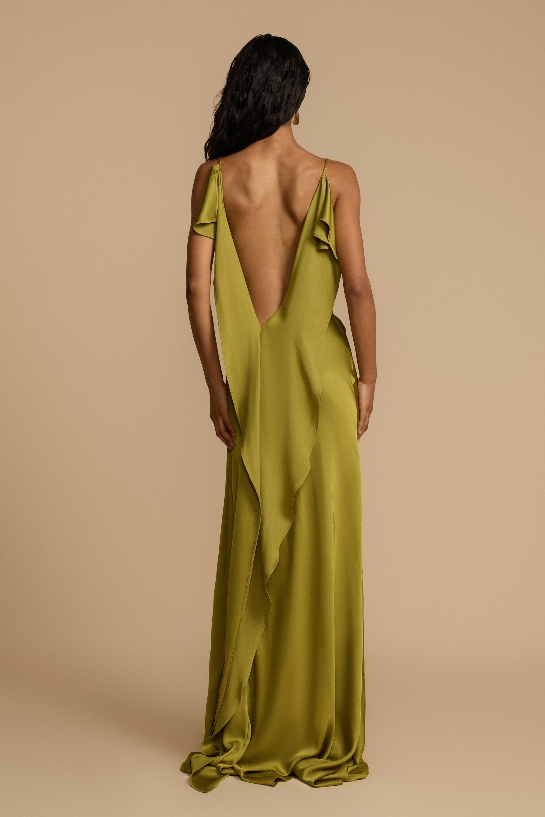 Solid Satin Backless Frill Maxi Dress