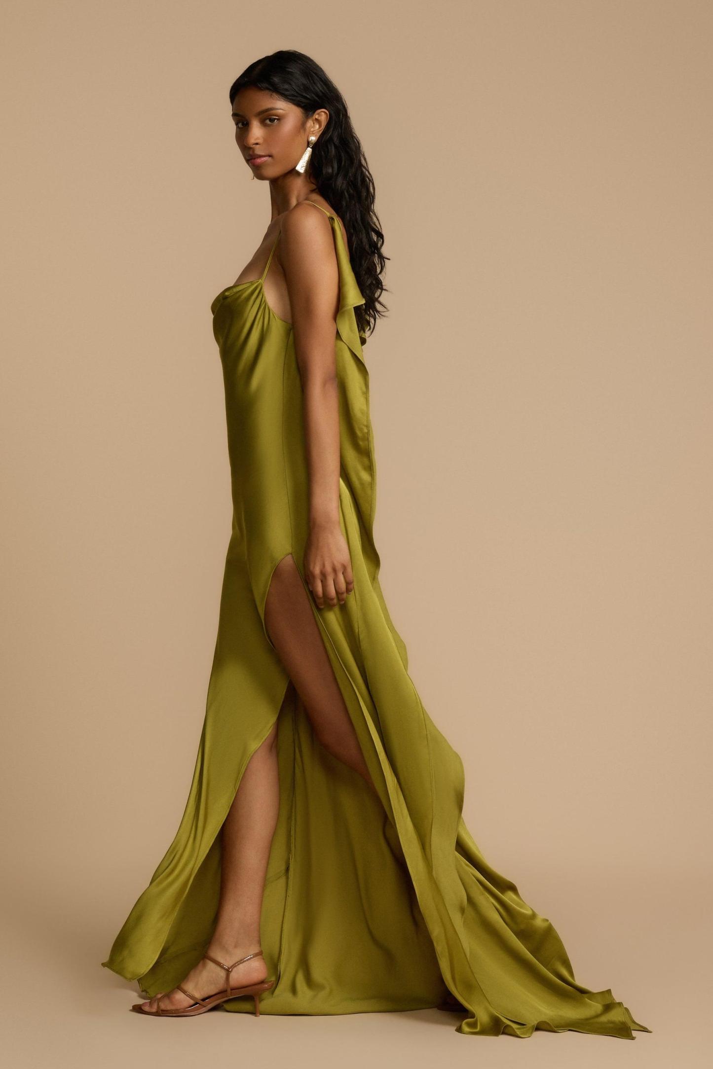 Solid Satin Backless Frill Maxi Dress