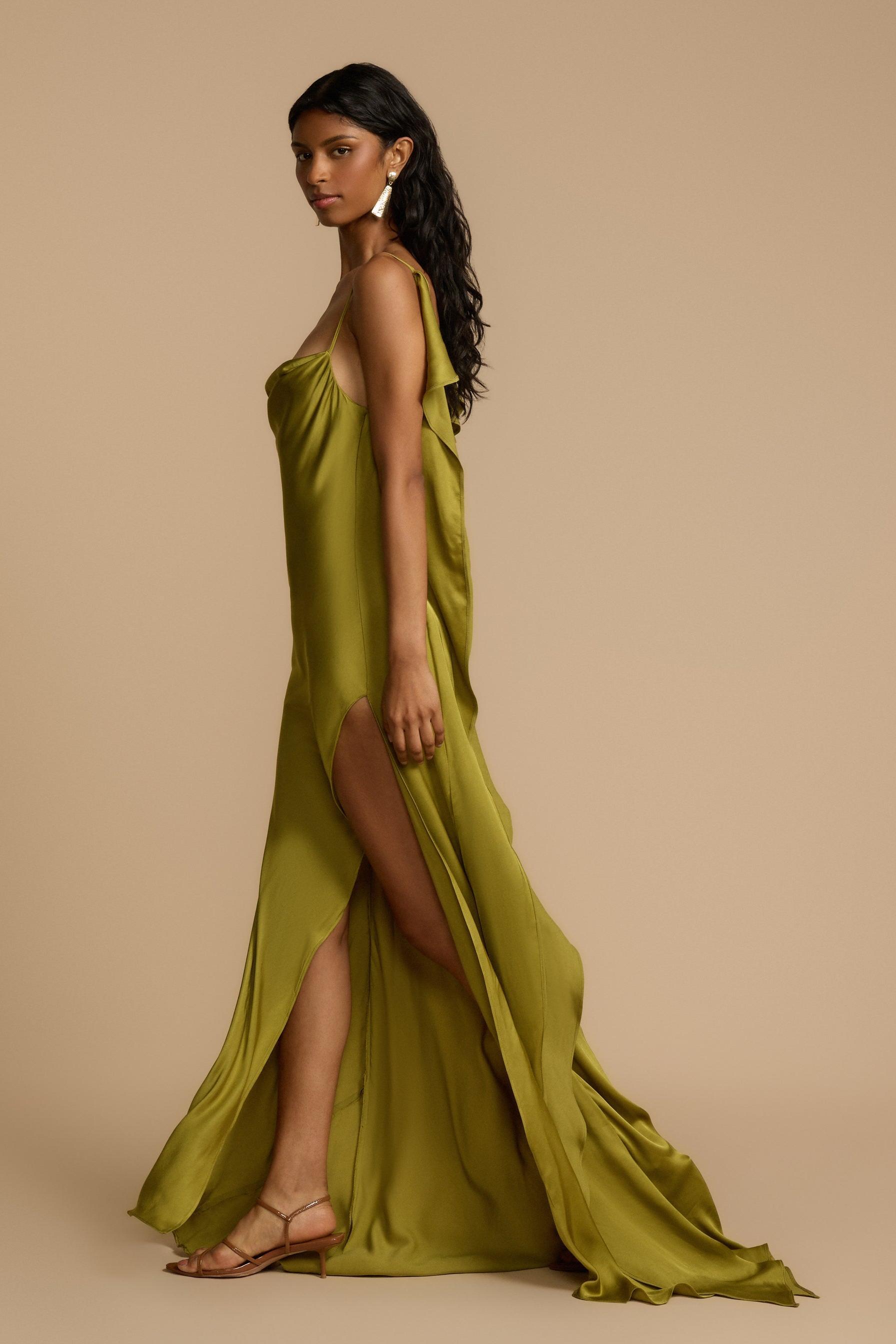 Solid Satin Backless Frill Maxi Dress